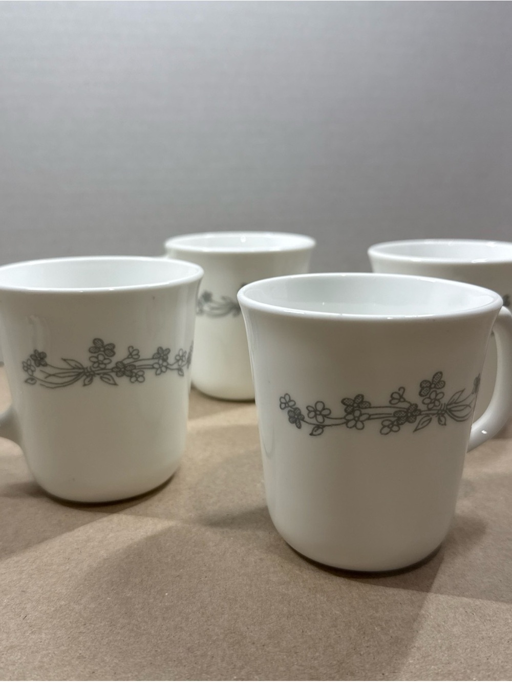 Vintage Corelle Corning Ribbon Bouquet-gray Floral Pattern Coffee Cups/Mugs USA